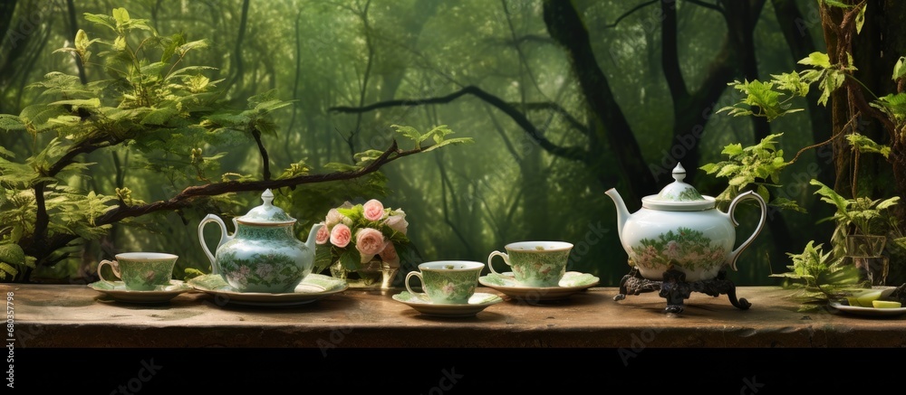 background of the leafy forest, an abstract pattern adorned the vintage table, while the texture of the delicate tea set blended with the gardens summer foliage, creating a scene that mirrored the