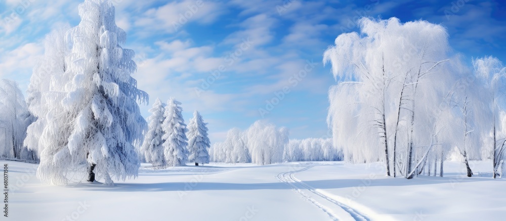 In the heart of the frozen forest, surrounded by a white blanket of snow, love blossomed under the glistening white ice crystals, as the blue sky painted a natural backdrop for their Christmas embrace