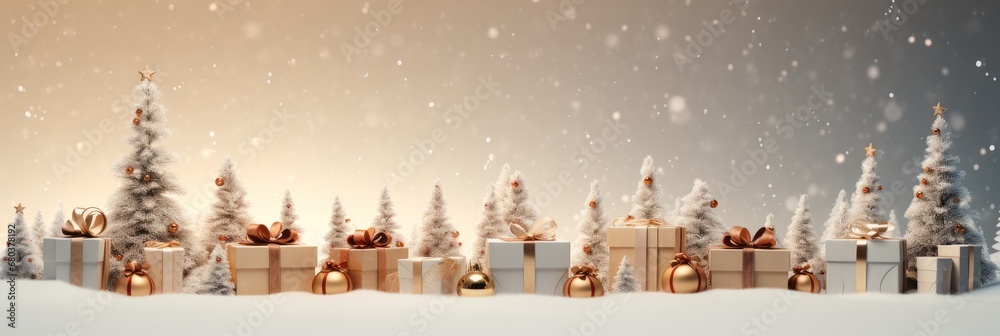 Christmas background decoration with Christmas tree and gifts long panoramic graphics illustration.