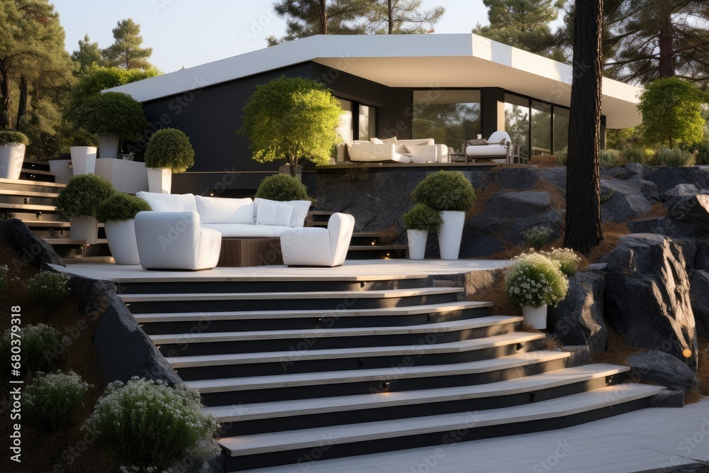 Modern garden with retaining walls, Stairs, Coniferous plants, Chill out zone.