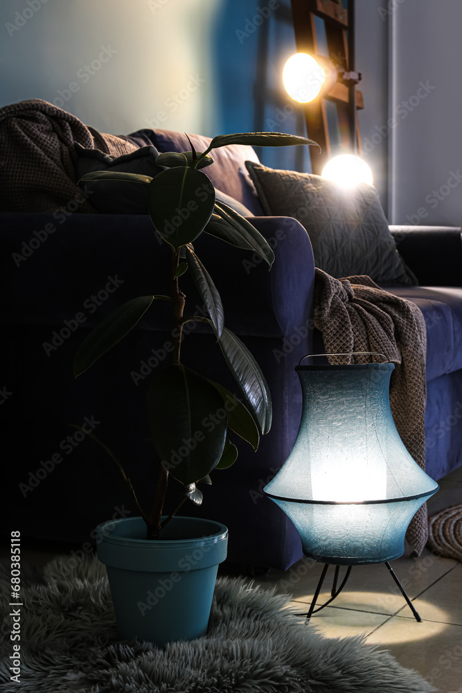 Glowing lamp and houseplant near blue sofa in dark living room
