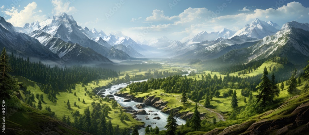 From the top view, the lush green landscape of the European forest showcased the natural beauty of the spring season, with the mountain peaks adorned with vibrant trees and the tranquil river winding