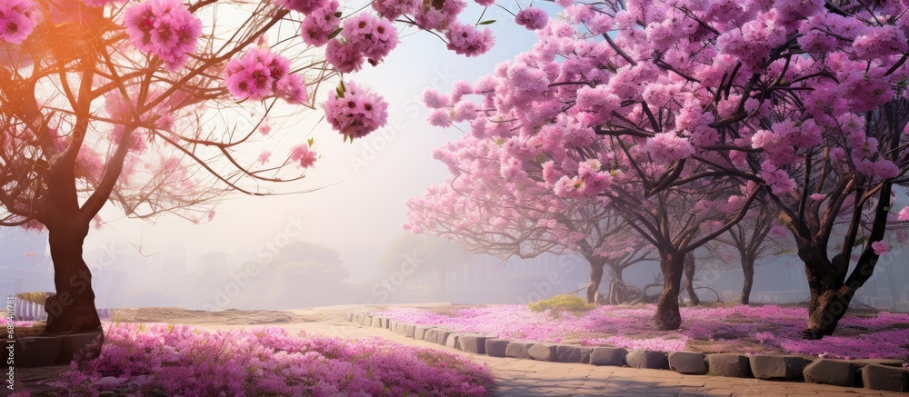 beautiful spring, a colorful floral park in China captivates with its breathtaking display of pink flowers against a nature-filled background, showcasing the vibrant growth of plants garden and