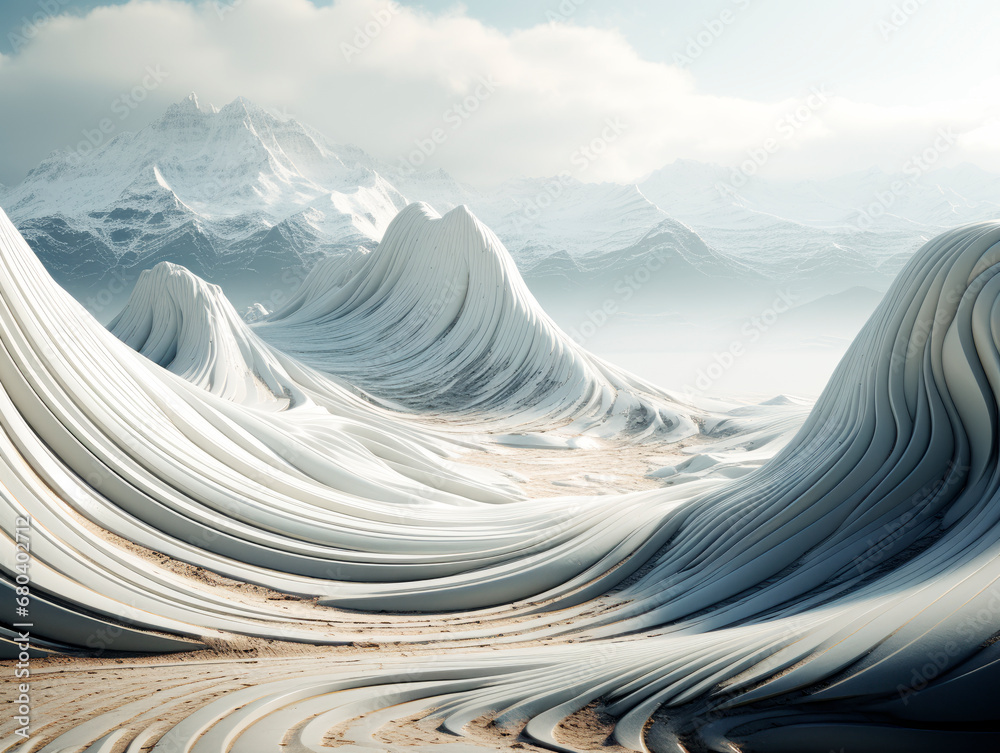 Surreal mountain landscape with wave like snow formations. Mysterious and majestic. Generative AI
