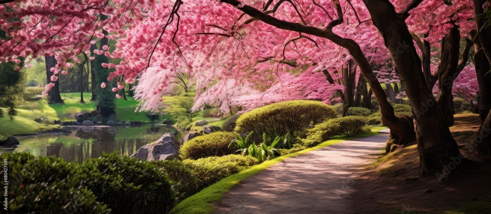 In the stunning Japanese garden, a beautiful landscape unfolded: a lush green carpet of grass dotted with vibrant pink cherry blossoms - a romantic scene worthy of adorning any wallpaper, capturing