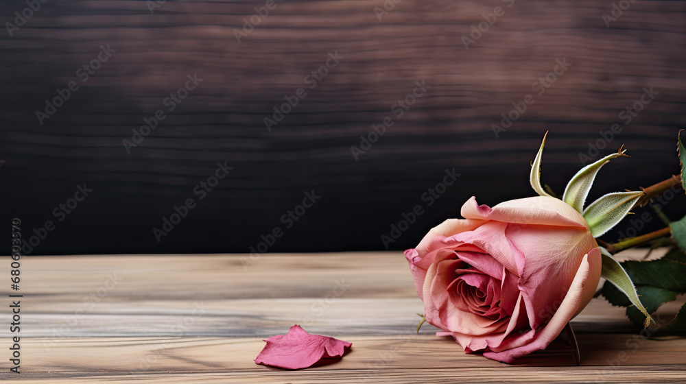 Dry Pink Rose on wooden background