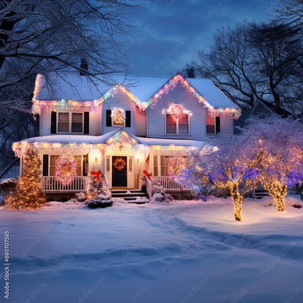 the beauty of Christmas lights at night. The house is decorated with colorful lights