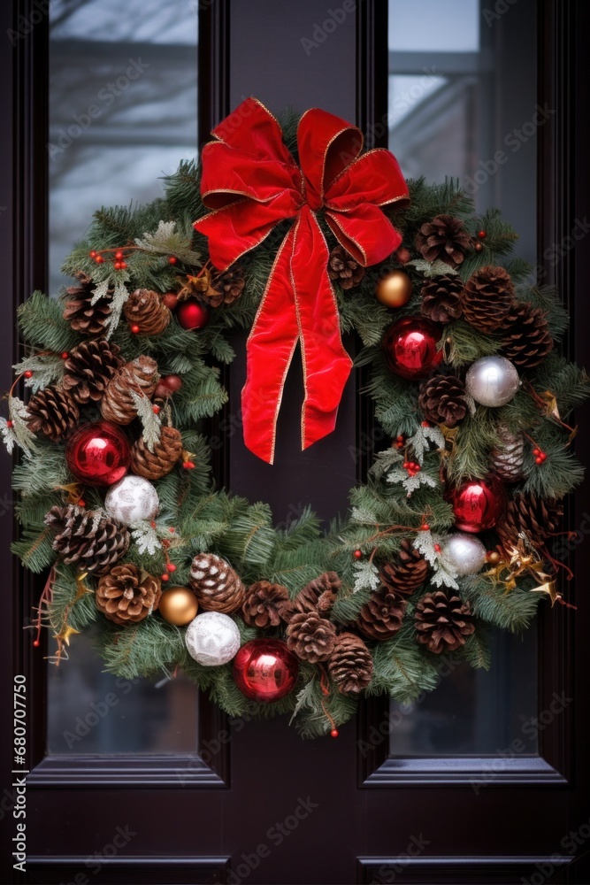 showing a beautiful Christmas wreath hanging on a front door