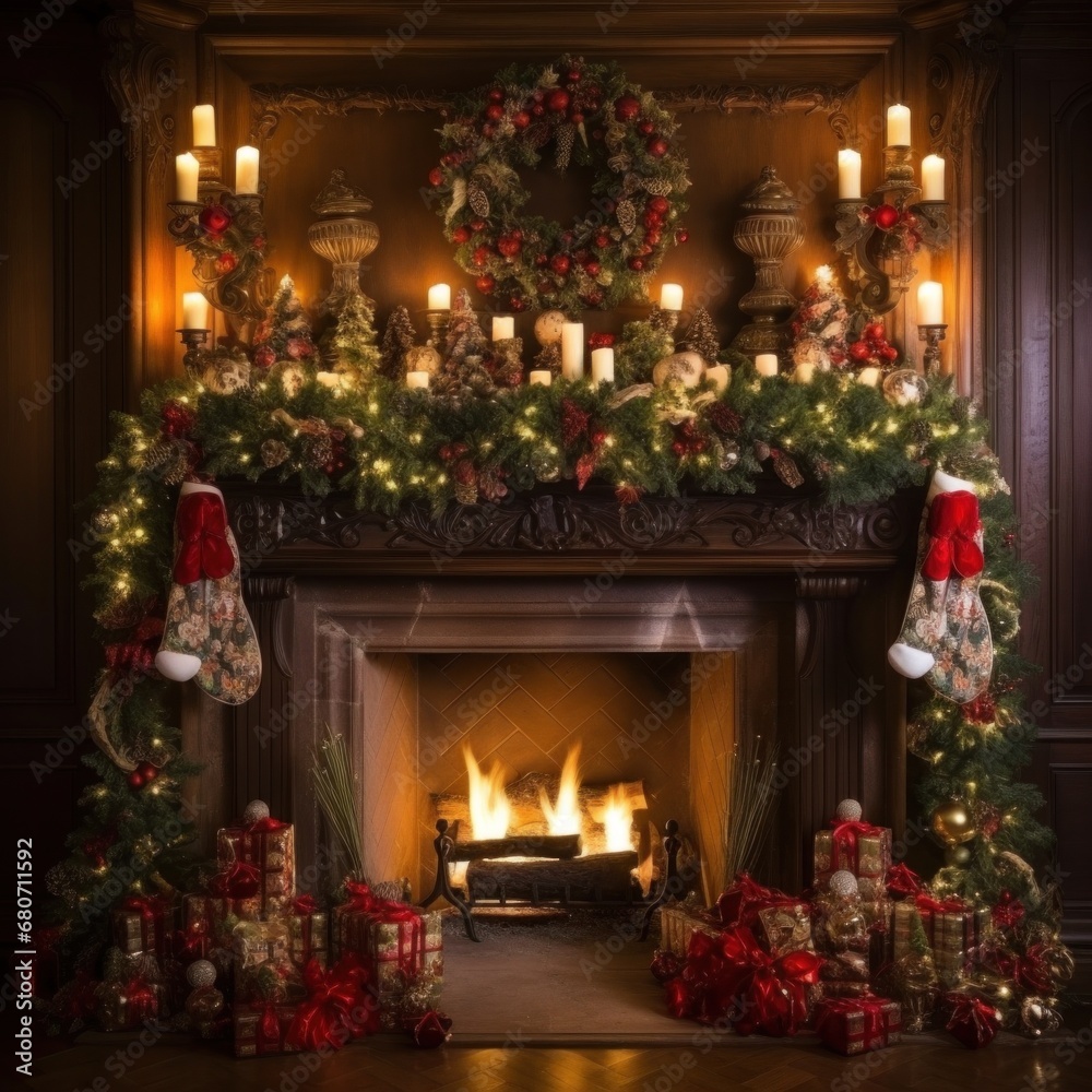 a beautifully decorated fireplace mantel with stockings, garlands, and candles