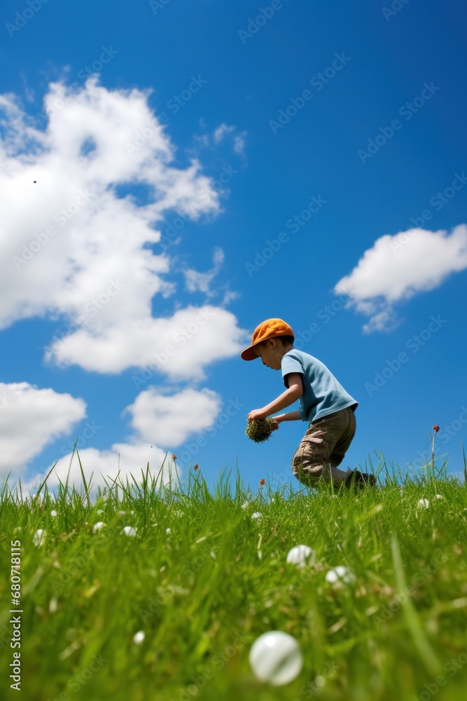 Playful shot of a child hunting for Easter eggs in a grassy field with a blue sky and white clouds background