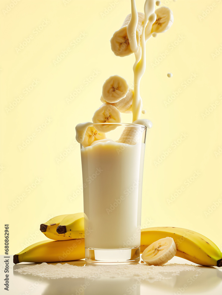 Banana dropping into a glass of milkshake on light yellow background. Created with Generative AI technology