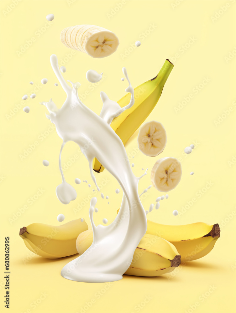 Splash of milk and banana on light yellow background. Created with Generative AI technology