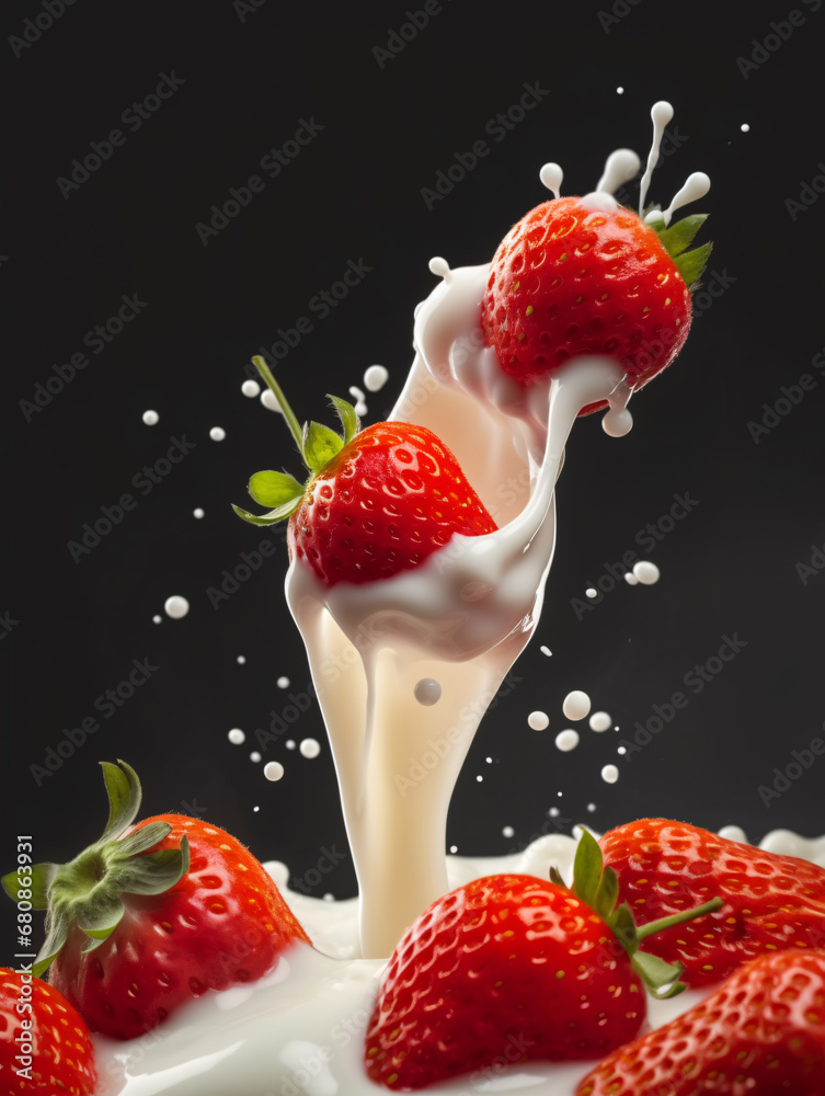 Fresh strawberries falling into milk splash on dark background. Created with Generative AI technology