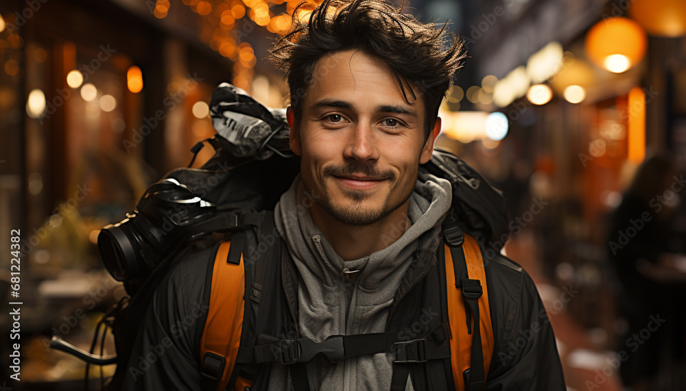 Smiling man, backpacker, confidently looking at camera, enjoying winter adventure generated by AI
