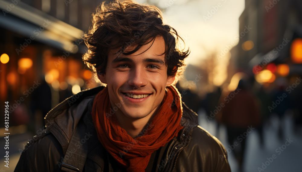 Young adult man smiling, looking at camera in city at dusk generated by AI