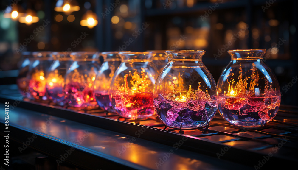 Nightclub celebration illuminated bar, glass, cocktail, flame, luxury, elegance generated by AI