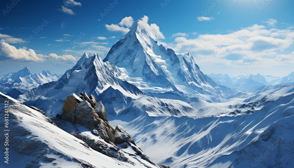 Majestic mountain peak, snow capped, tranquil nature beauty in panoramic view generated by AI