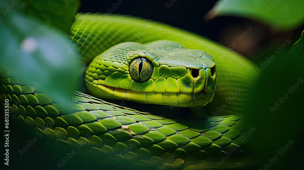 green snake on a branch, Close-up of green tree snake between leaves