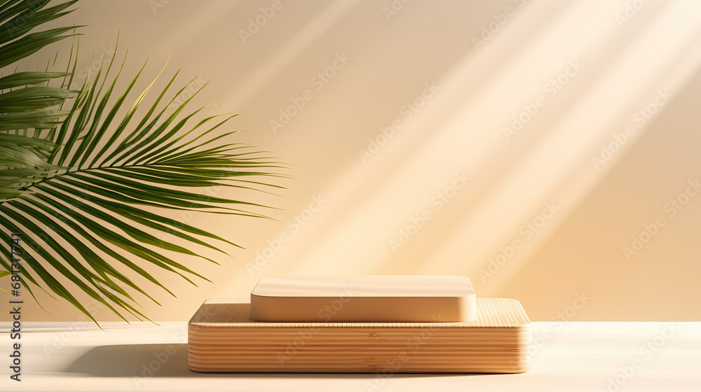 Natural wood podium with green palm leaf in white and greenmarble interior with sunlight and shadow. Showcase for cosmetic products, goods, shoes, bags, watches.