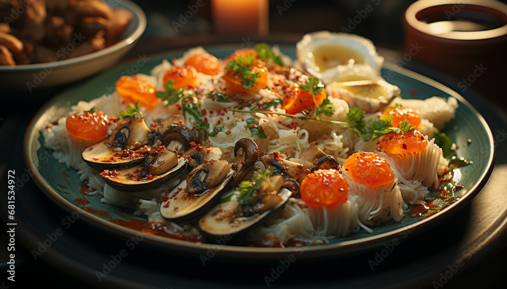Fresh seafood plate, cooked and grilled, a healthy gourmet meal generated by AI