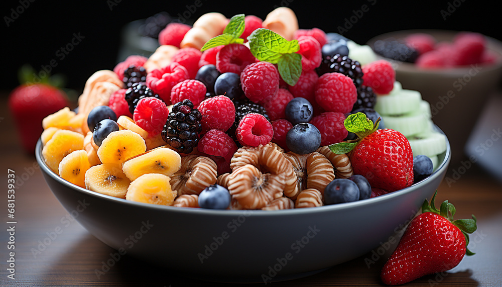 Healthy eating Fresh, ripe berries on a wooden table generated by AI
