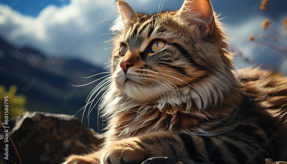 Cute kitten sitting outdoors, staring at nature beauty generated by AI