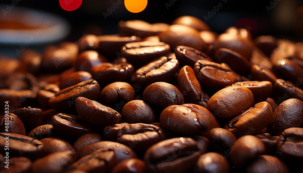 Fresh coffee beans on a table, creating an aromatic backdrop generated by AI