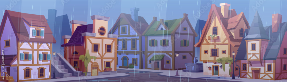 Medieval german city street with houses at rain. Cartoon vector cityscape with old town traditional homes with wood fachwerk under falling rainy drops. Half-timbered buildings with puddles on road.