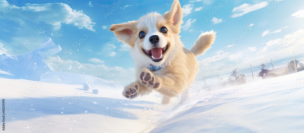 In the snowy white winter landscape, a young dog filled with energy and love for nature pranced happily, running with friends on the ice, creating funny and joyful moments like playful snowflakes