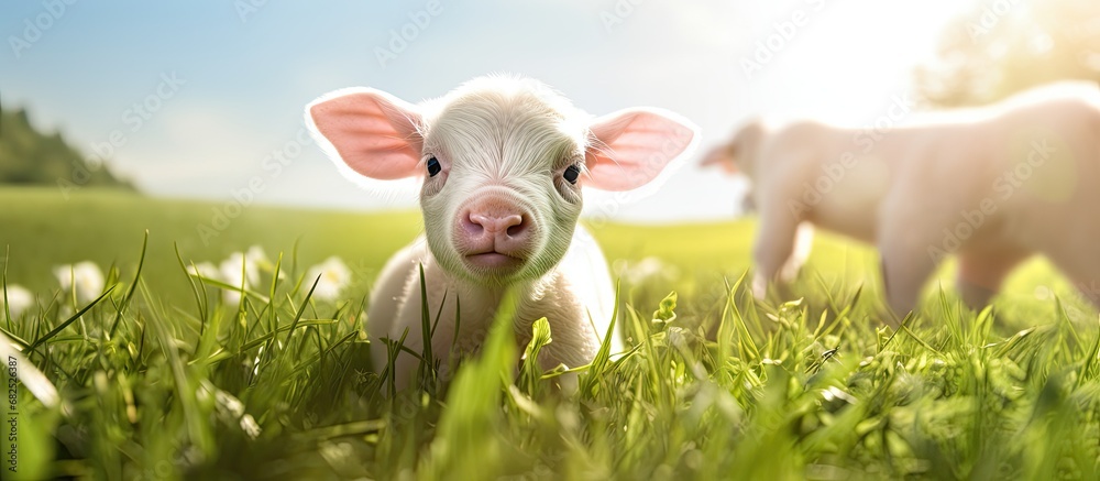 In a picturesque farm surrounded by vibrant green grass, a cute baby animal with a glossy white coat happily grazes on organic food, showing a pink smile as it embodies the perfect portrait of nature