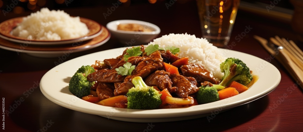 At the Asian restaurant in City, a delicious and healthy dinner was served on a white plate, featuring a flavor-packed meal of tender meat, rice, and a medley of vegetables, all garnished with