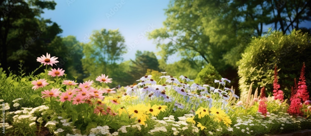 In the beautiful landscape of a summer garden, lush green plants and colorful flowers added a touch of natures beauty, with sunflowers, camomile, and daisies blossoming petals catching the sun