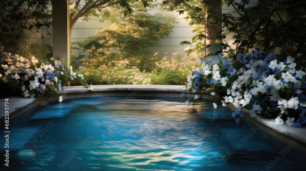 In the serene ambiance of the spas garden, a white floral design surrounded by a circle of blue flowers created a mesmerizing splash of beauty amidst the summer blooms, as water gently trickled from