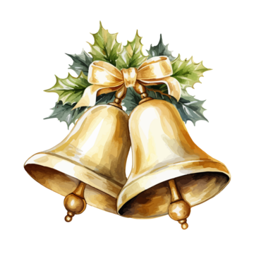 Golden Christmas bells with golden bow, Christmas vector watercolor illustration