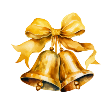 Golden Christmas bells with golden bow, Christmas vector watercolor illustration