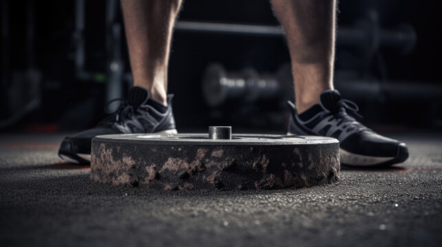 Focused shot of weightlifter's feet determination in stance gym texture