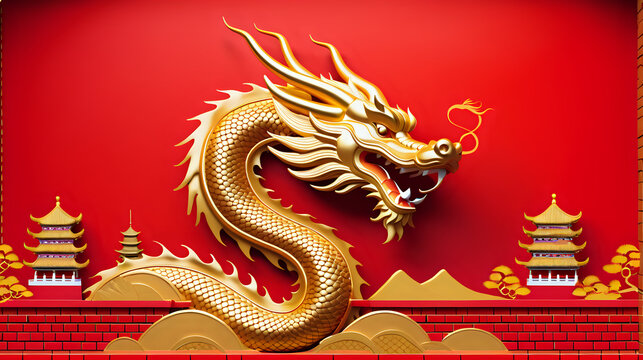 Chinese gold dragon with traditional castle. Chinese new year 2024. Copy space.