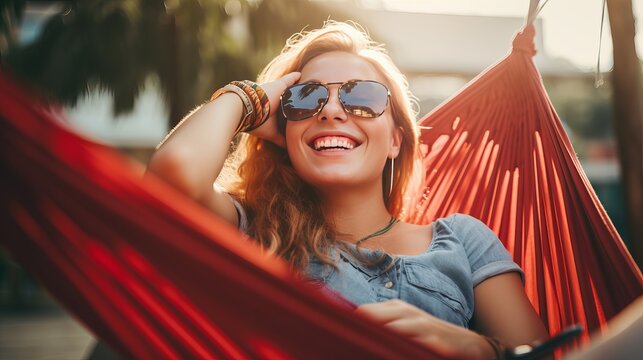 A close shot of a woman lying down on a hammock, listening to music on her cell phone while enjoying herself outdoors with her earphones.