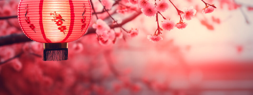 Red Chinese background with lantern is beautiful. Selective focus.