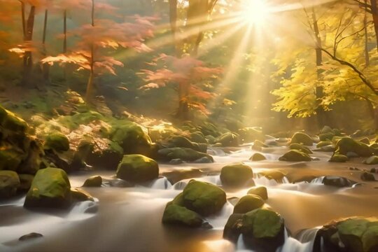 autumn in the forest in autumn season. Virtual cinematic video scene animated background