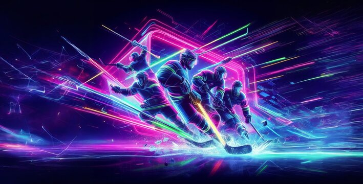 Ice hockey - Batlle of Ice and Fire 3d neon illustration space poster design