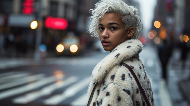 editorial photography of African model with white hair in a white faux fur coat with a pattern of cartoon cats, street fashion