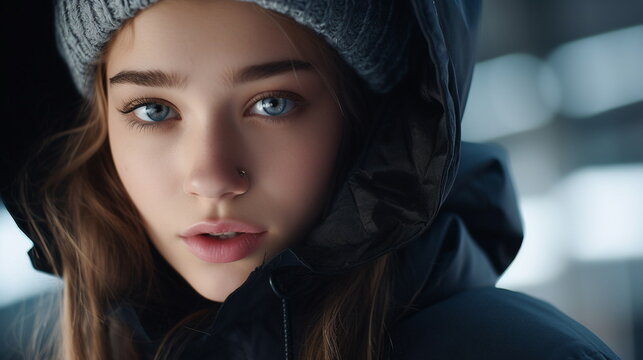 Close-up of face of beautiful girl with nose piercing wearing winter clothing. Winter streetwear model shoot. Winter clothing fashion model concept. Generative AI