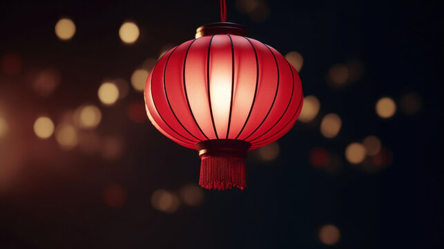 A single red Chinese lantern hanging against a dark background with soft glowing bokeh, symbolizing celebration and culture.