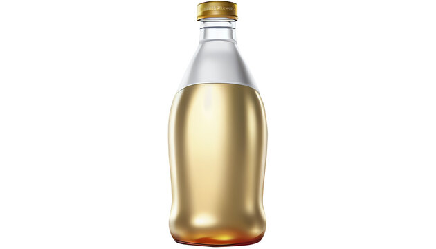 A light bottle in front with a golden cap is isolated against a white background.