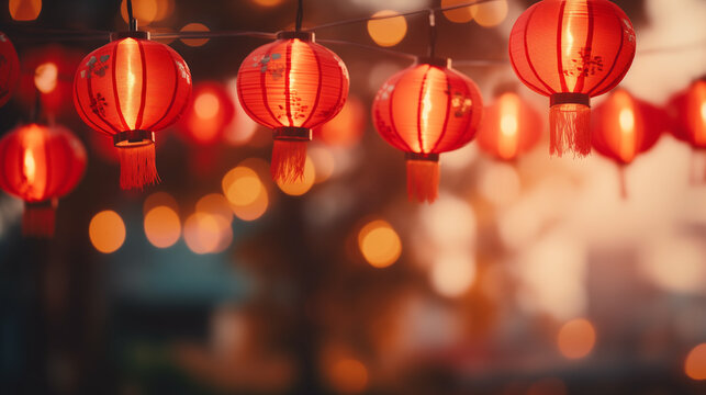 Red chinese lantern in mid-autumn festival, Chinese lunar new year celebration. China town defocused background, Mid-Autumn festival with colorful lights. Generative AI