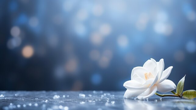 White gardenia flower on isolated bokeh background with copy space for text placement