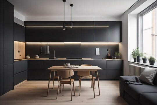  Black kitchen in minimalist studio apartment. Interior design of modern living room