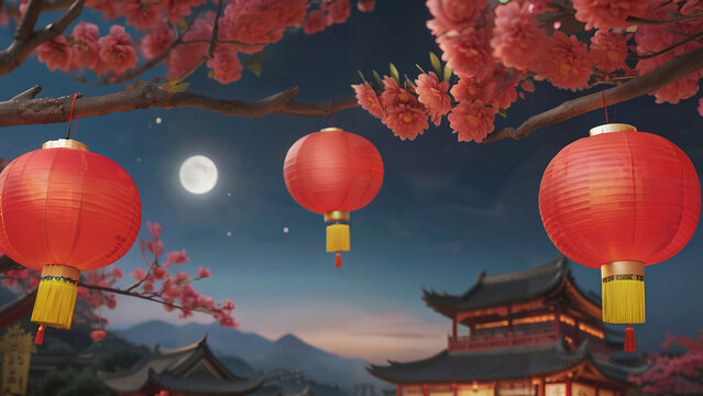 Full moon is seen behind red Chinese lanterns hanging from a tree branch in front of a building with full moon in the background on Chinese New Year