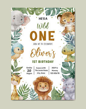 生日邀请 野生动物园主题水彩模板背景